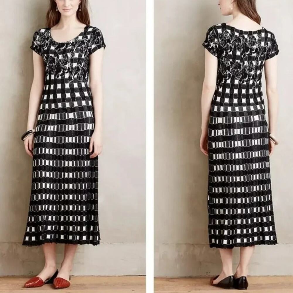 Troubadour Orona Sweater Dress Black White Floral Maxi Short Sleeve Women's M